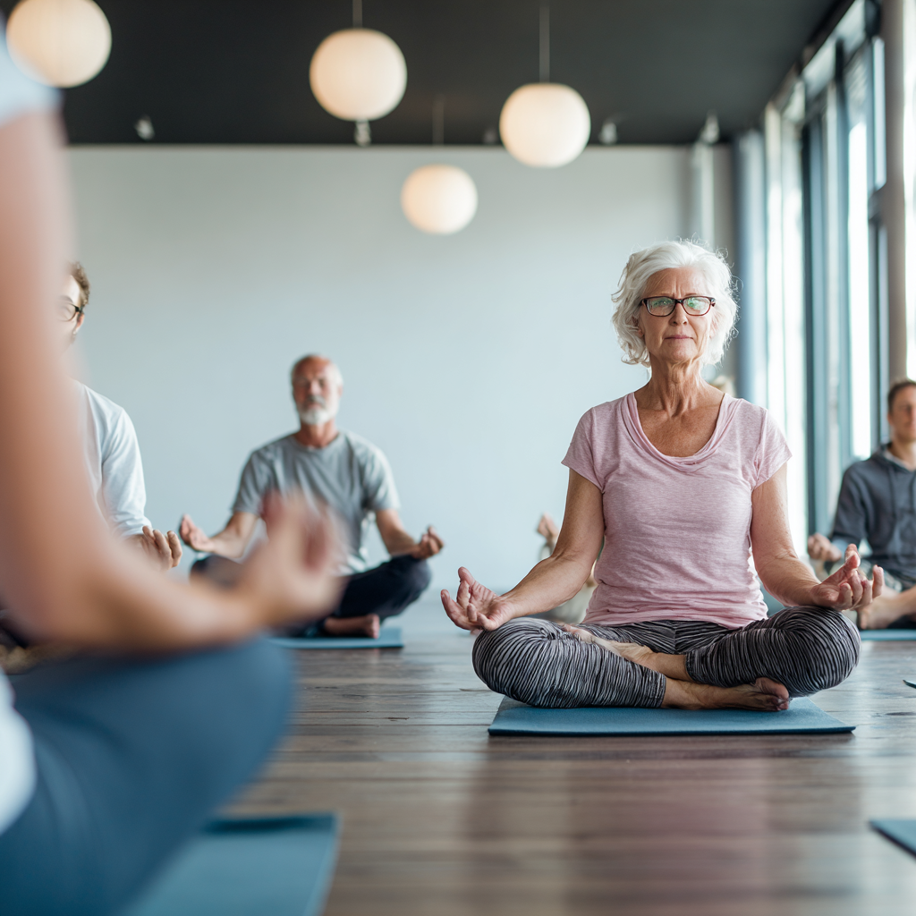 Experienced yoga instructor guiding senior students in peaceful studio