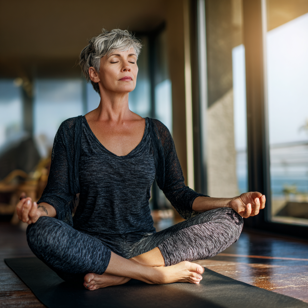 Middle-aged woman practicing yoga in peaceful environment